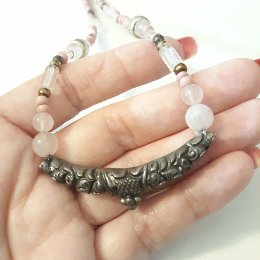 Antique silver pendant necklace & cortz beads Ooak Hand Made Vintage